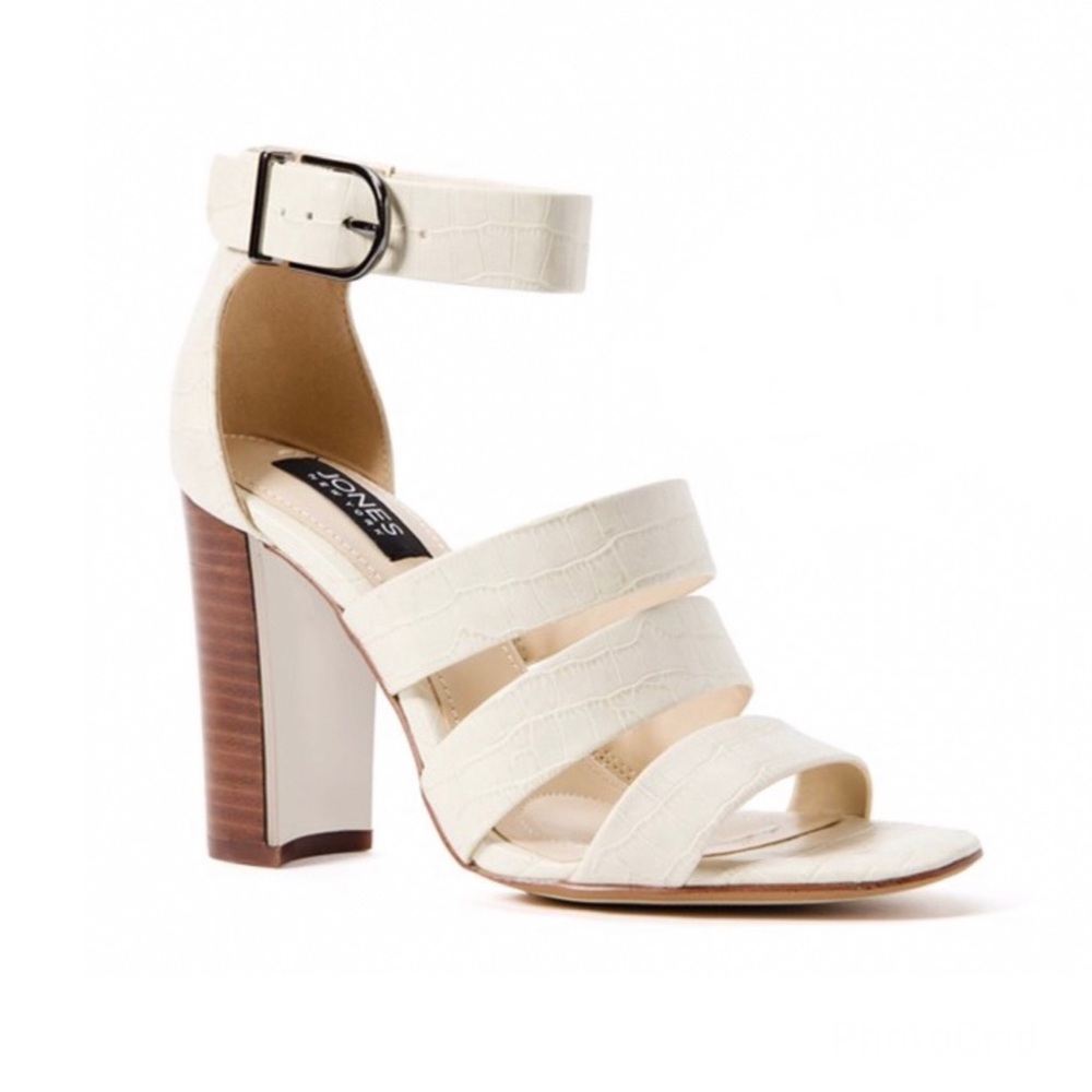 Jones New York Croc Cream Colored Metallic Inset High Heel Ankle Strap Sandal